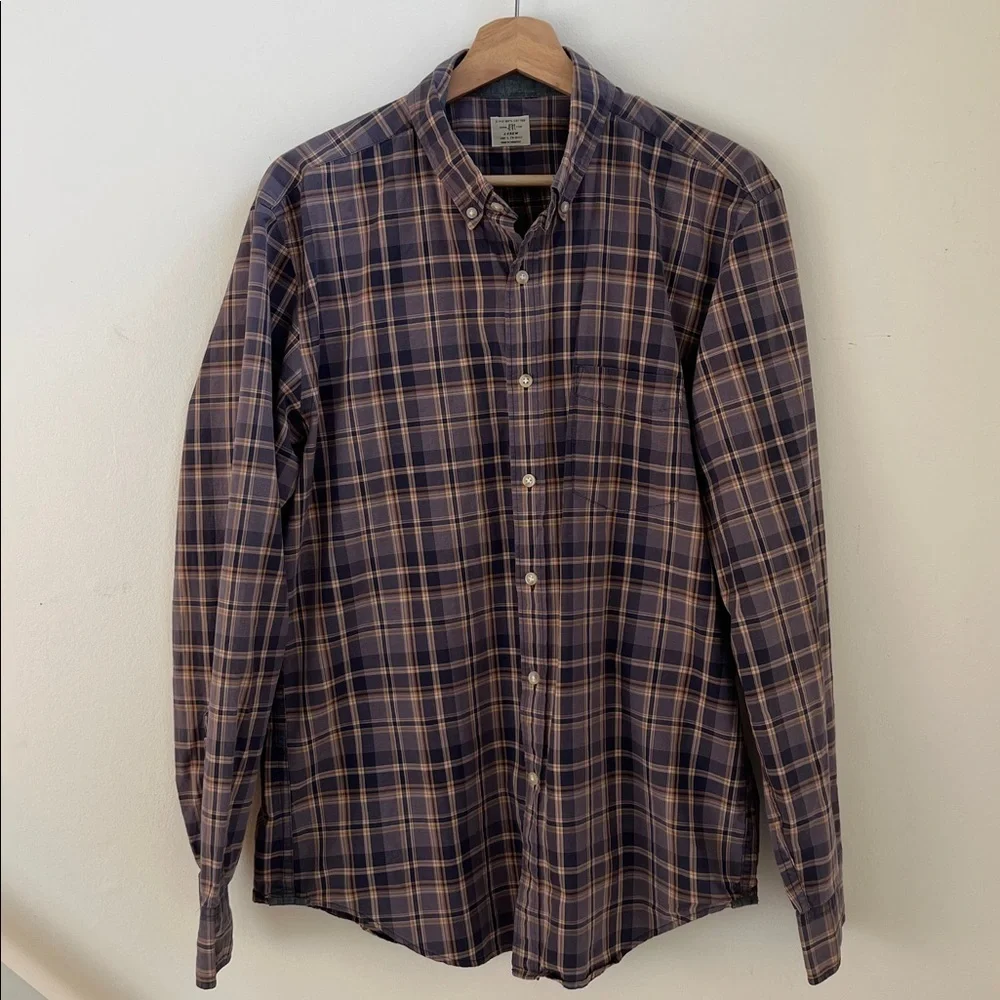 J. Crew Navy and Tan Plaid Casual Shirt Large